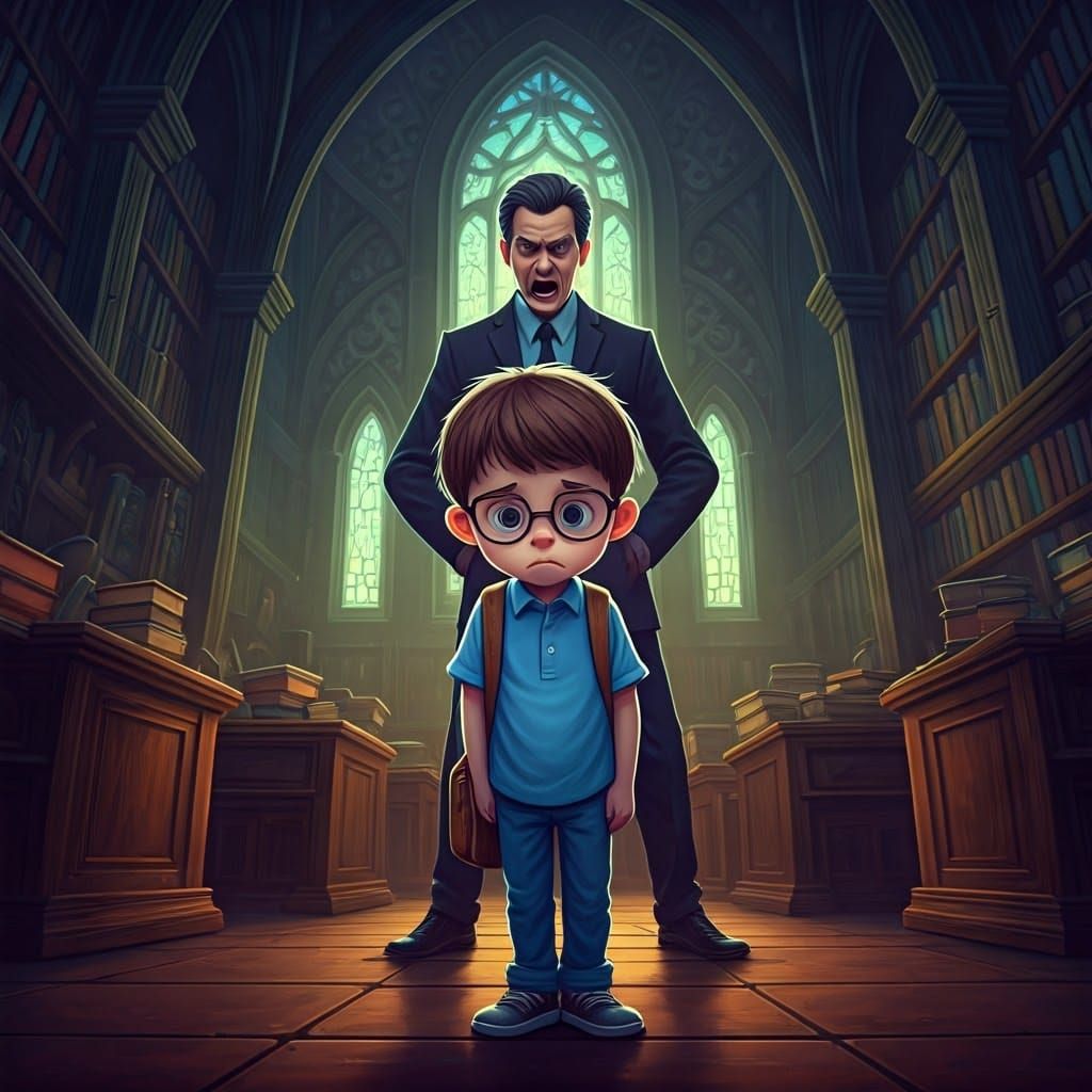 Shy Boy in Classroom, Matte Painting Style