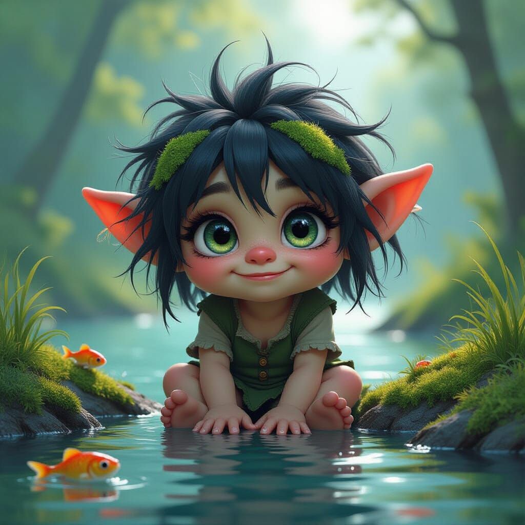 Cute Mossy Troll by River in Hyper-Realistic Style