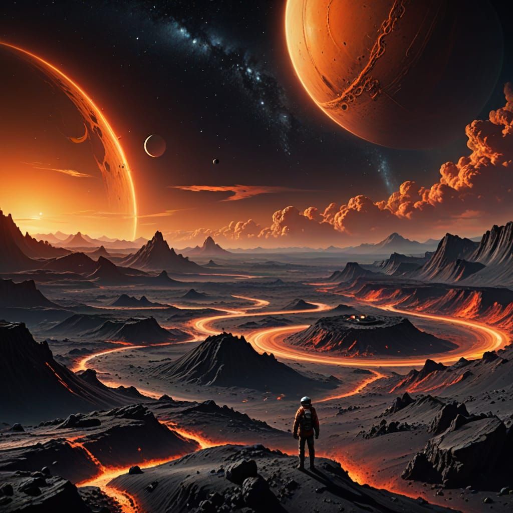 Man on Volcanic Moon Orbiting Saturn in Vibrant, High-Contra...