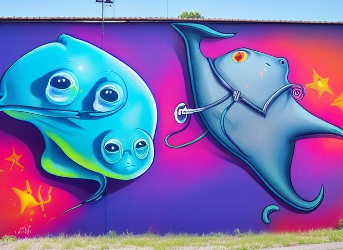 Colorful Mural of Stingray on Unicycle