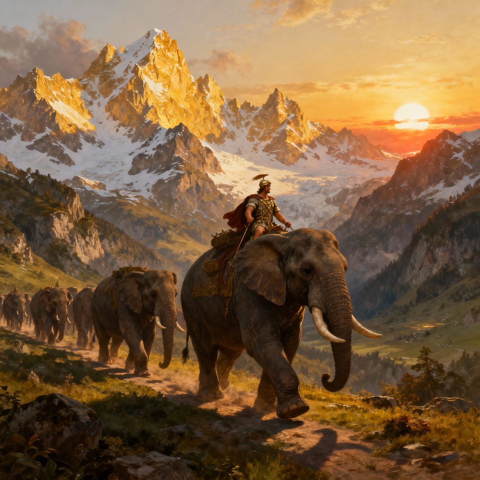 Hannibal's Elephants Cross Snowy Alps at Sunrise
