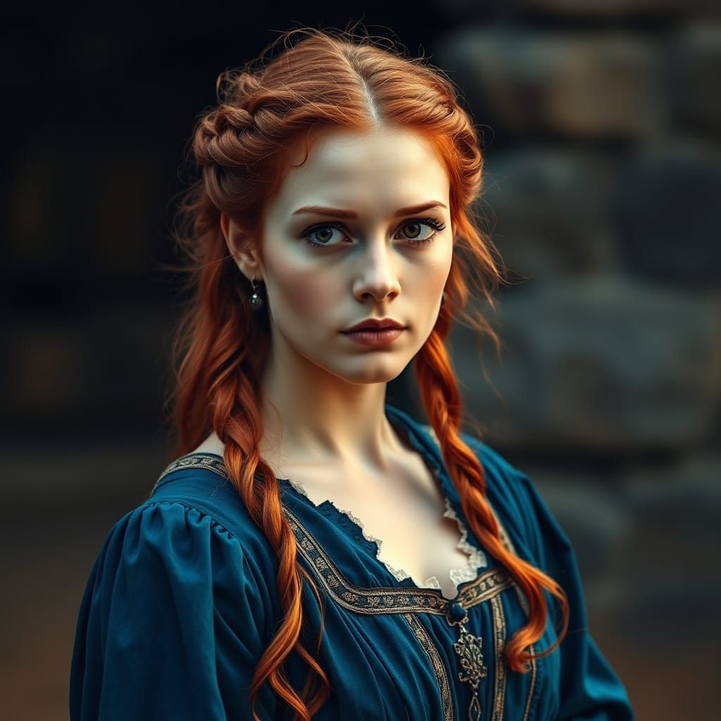 Redhead Woman in Blue Dress with Jealous Expression