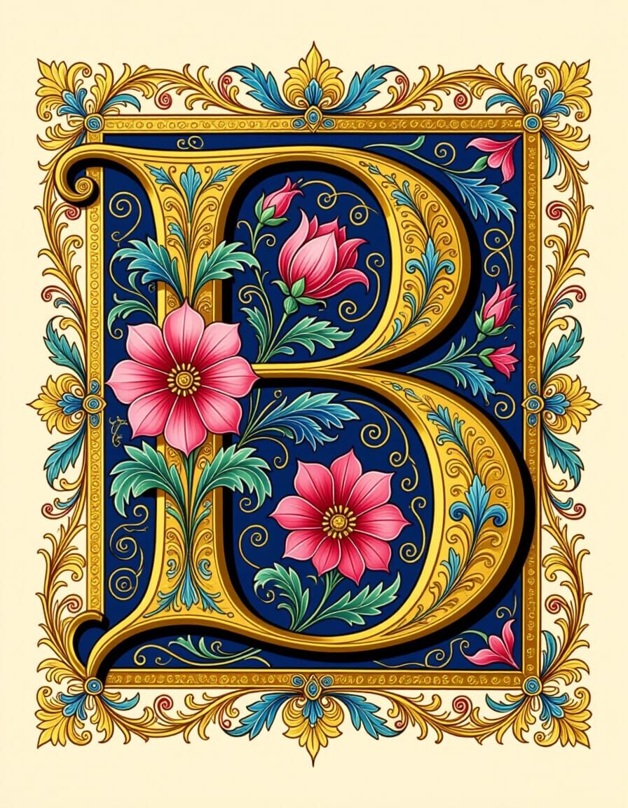 Ornate Illuminated Initial B with Gold Leaf and Floral Motif...