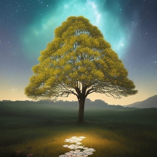 Crystalline Tree Under Starry Sky: Digital Painting