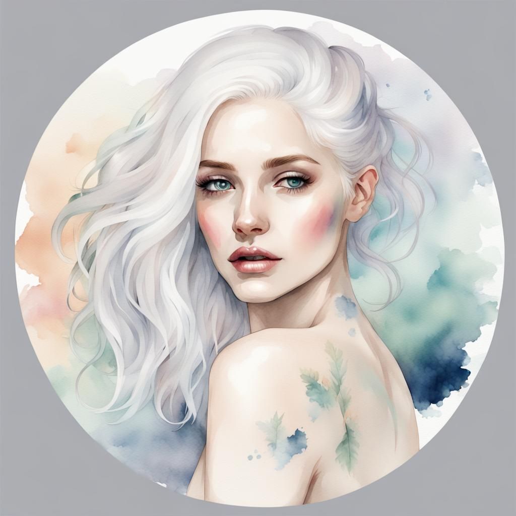 Watercolor Portrait of Pale Woman with White Hair