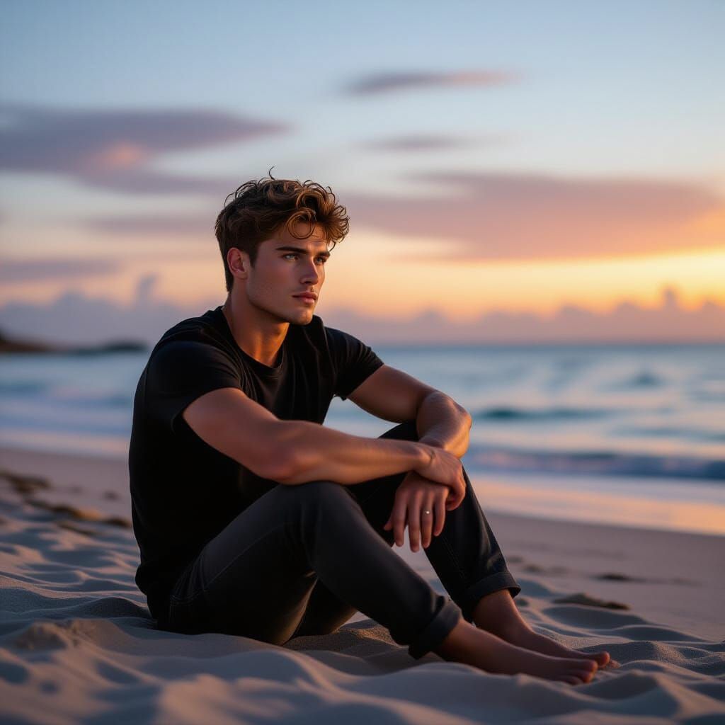Young Man Longing on Beach in Cinematic Style