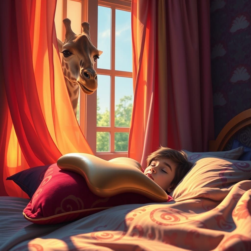 Giraffe Peers Through Curtain in Vibrant Bedroom Scene