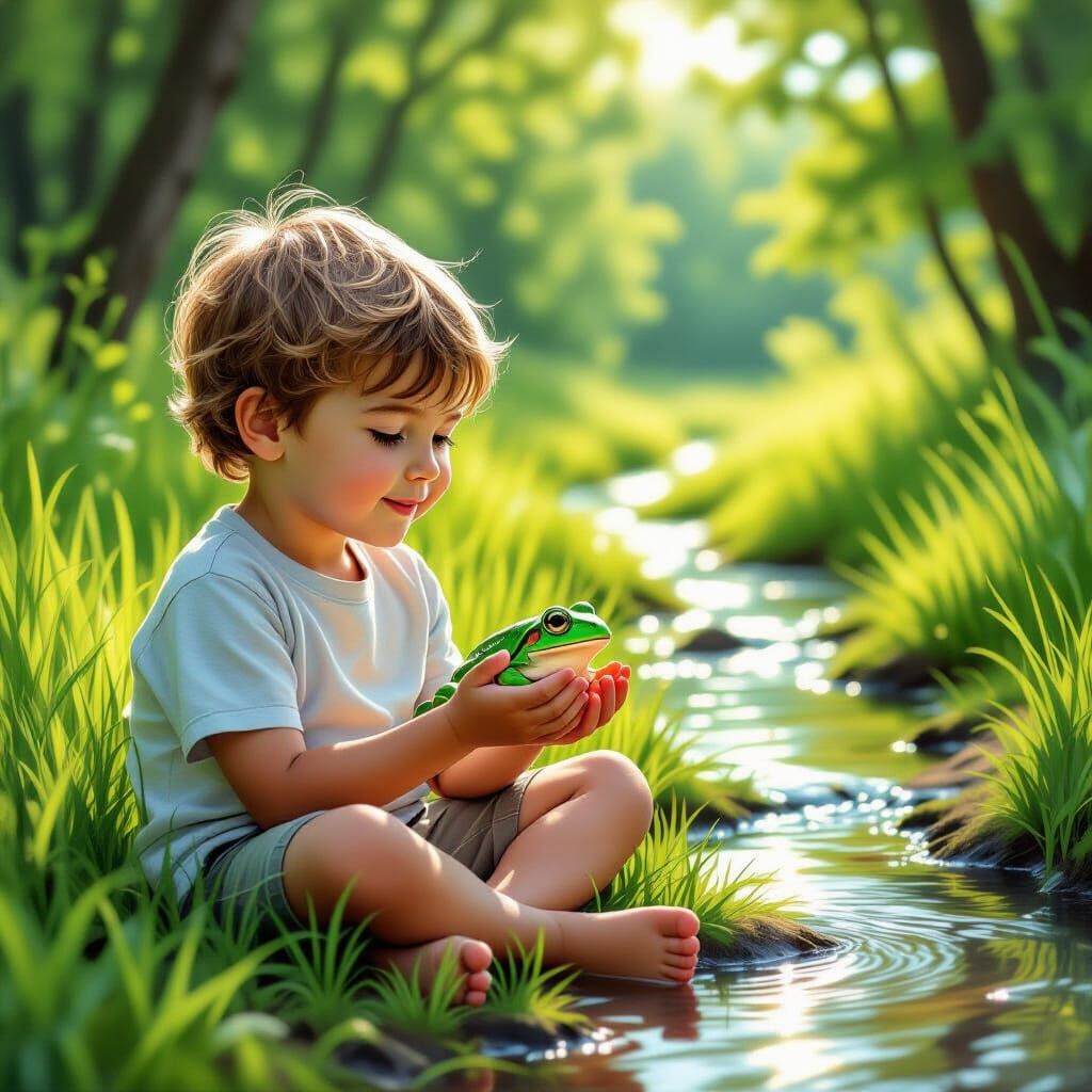 Boy Gently Holds Frog by Stream in Hyper-Realistic Comic Sty...