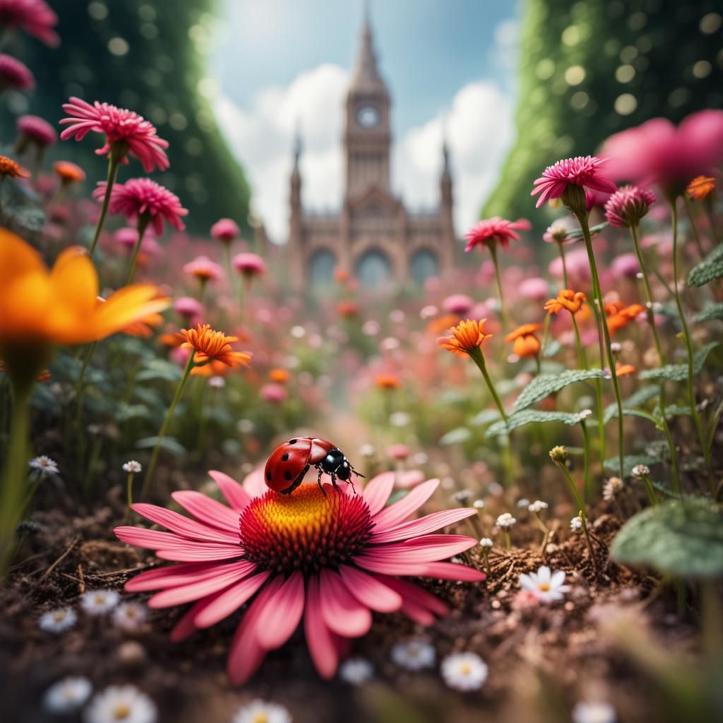 Ladybug's Eye View of a Towering Flower Garden