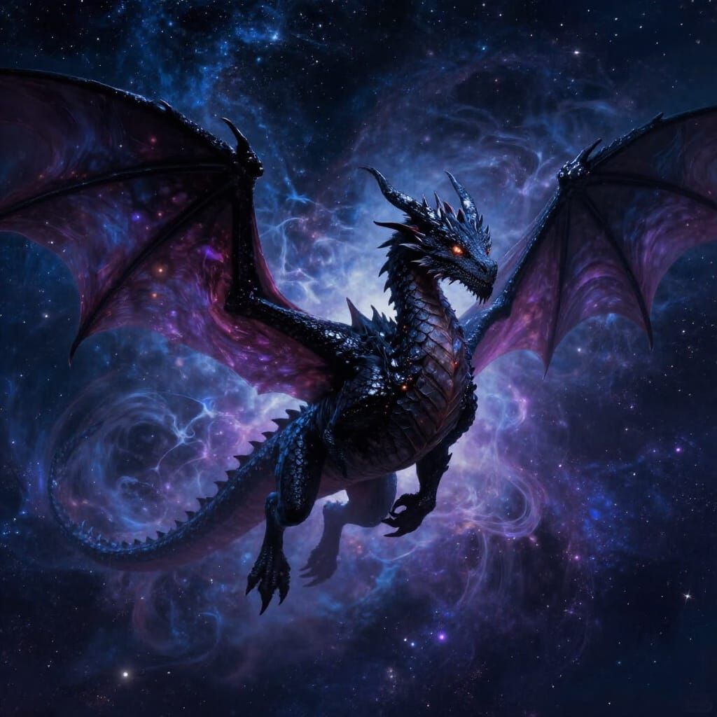 Majestic Night Dragon Soaring Through Starry Nebula