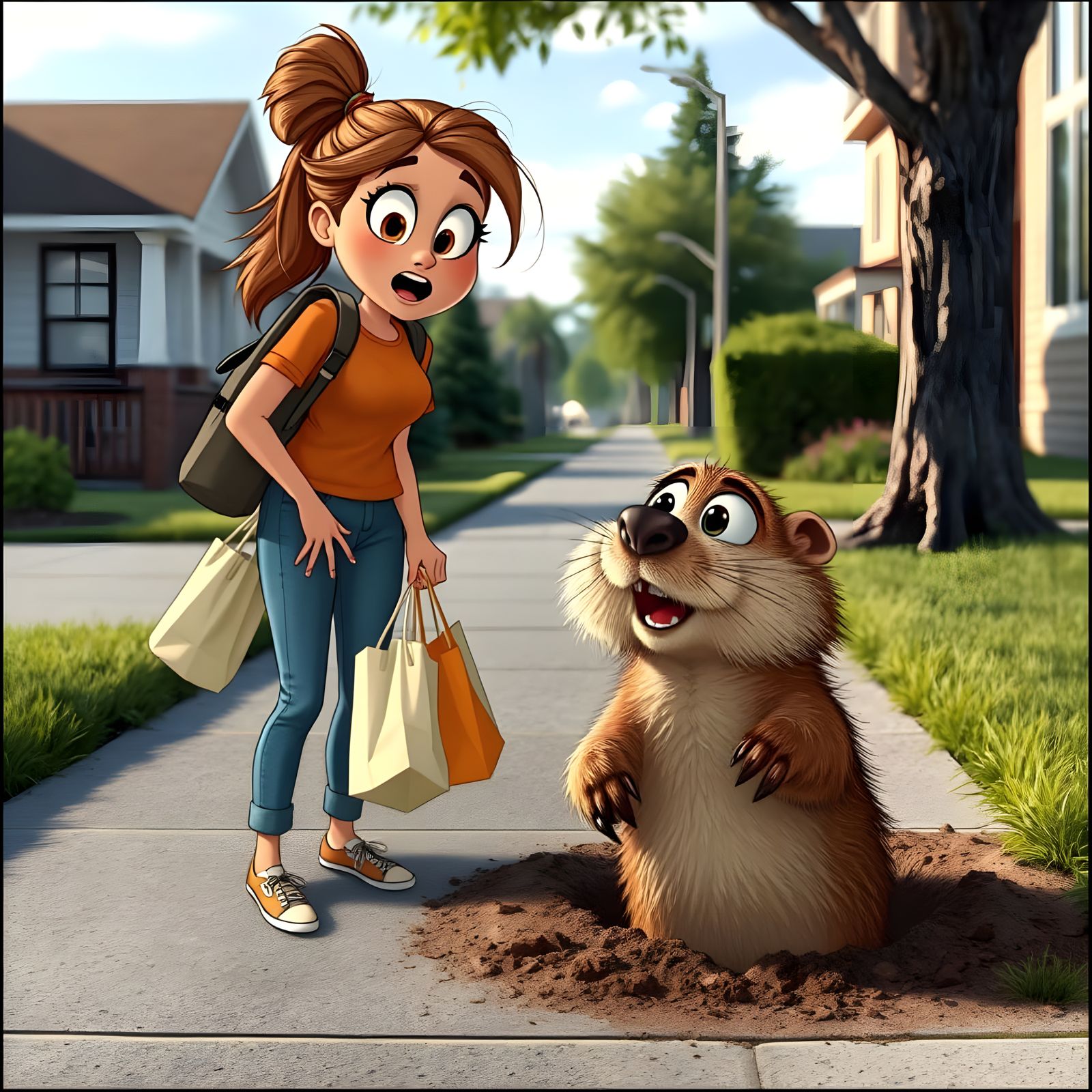 Gopher Surprises Woman Carrying Groceries with Sudden Appear...