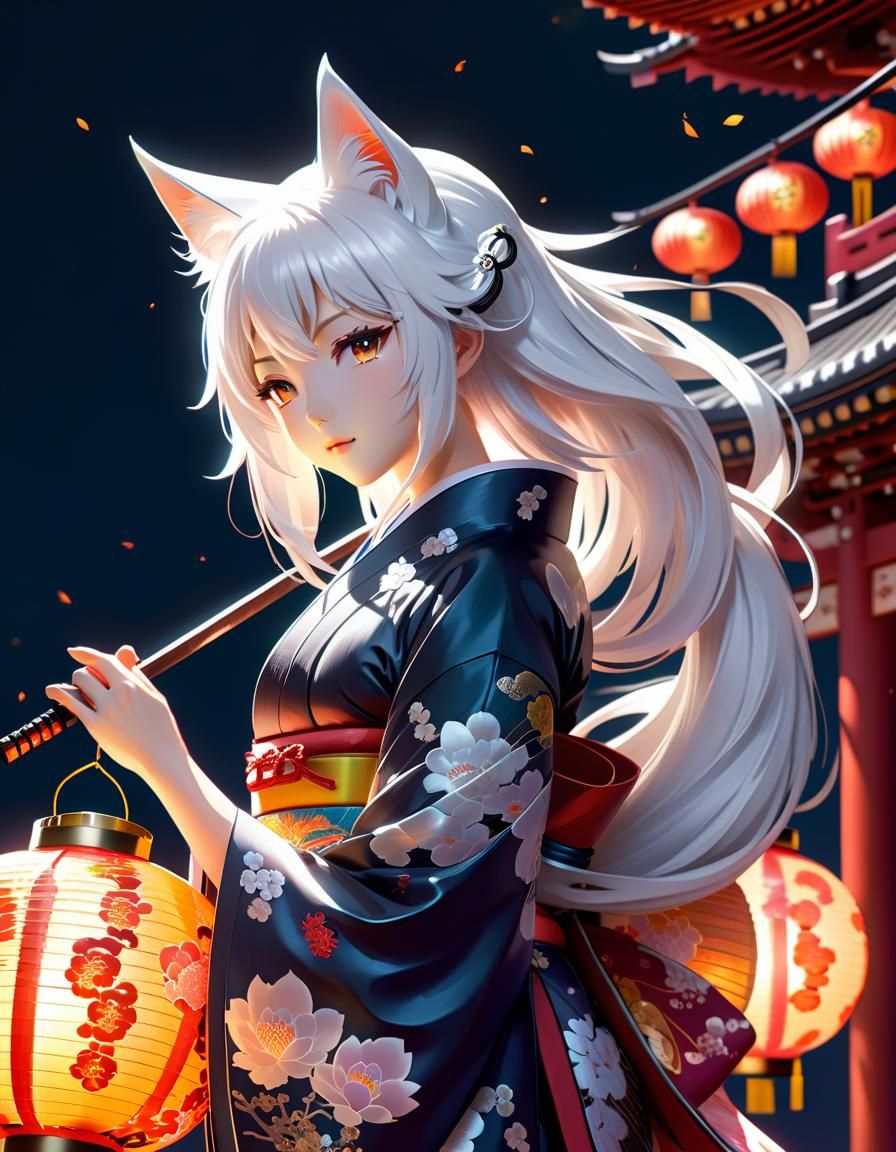 Anime Kitsune with Lantern in Japanese Manga Style