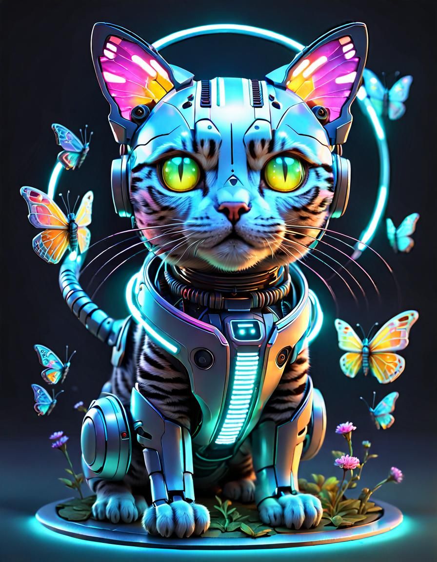 Cyberpunk Android Cat with Robot Butterflies