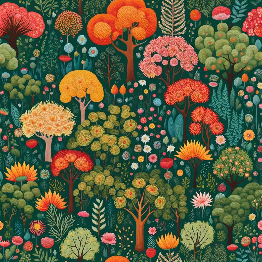 Pattern of trees and flowers