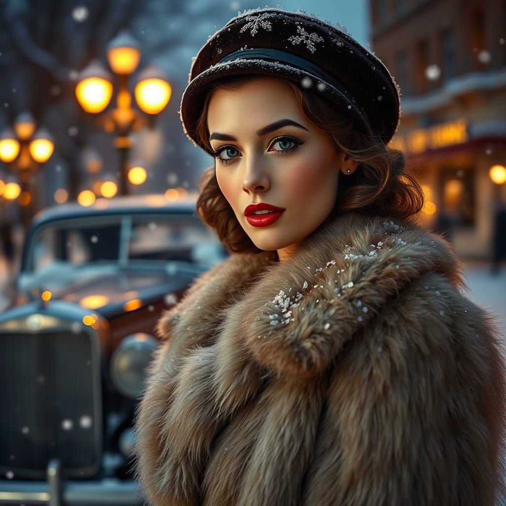 1940s Woman in Fur Coat by Retro Car in Snow