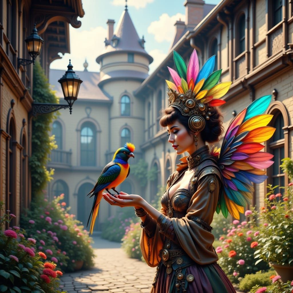 Steampunk Lady Cradles Colorful Bird in Castle Courtyard
