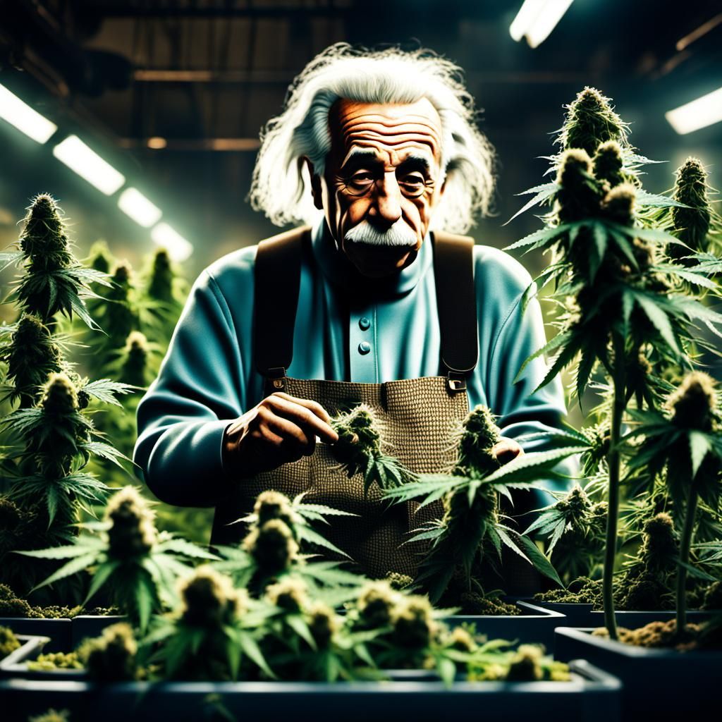 Einstein's Cannabis Harvest: Hyperrealistic Farm Scene