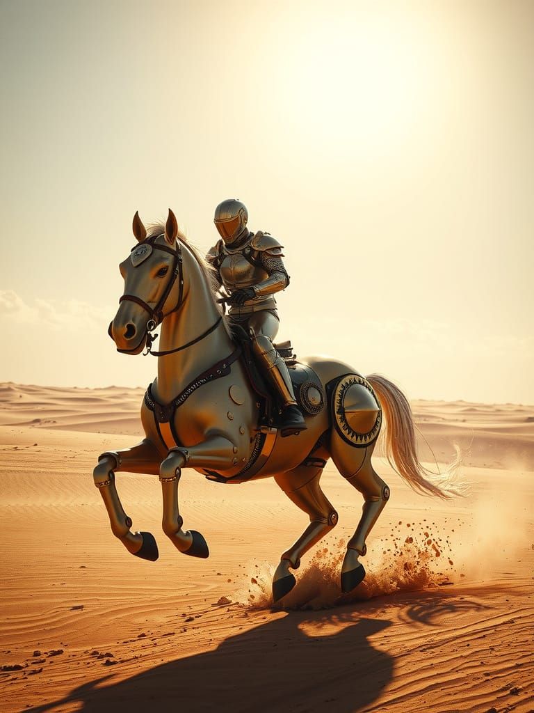 Mechanical Rider on Golden Horse in Desert