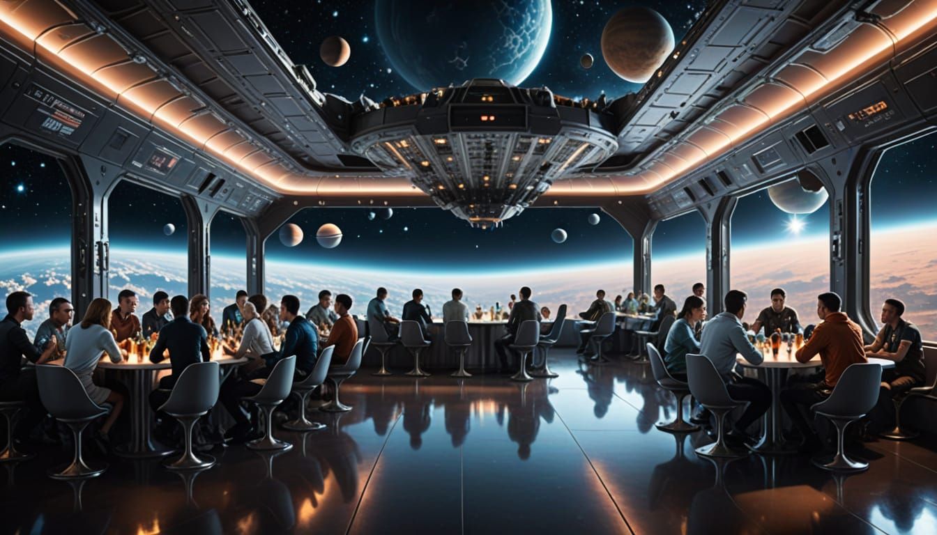Intergalactic Gathering in Space Station Cafeteria