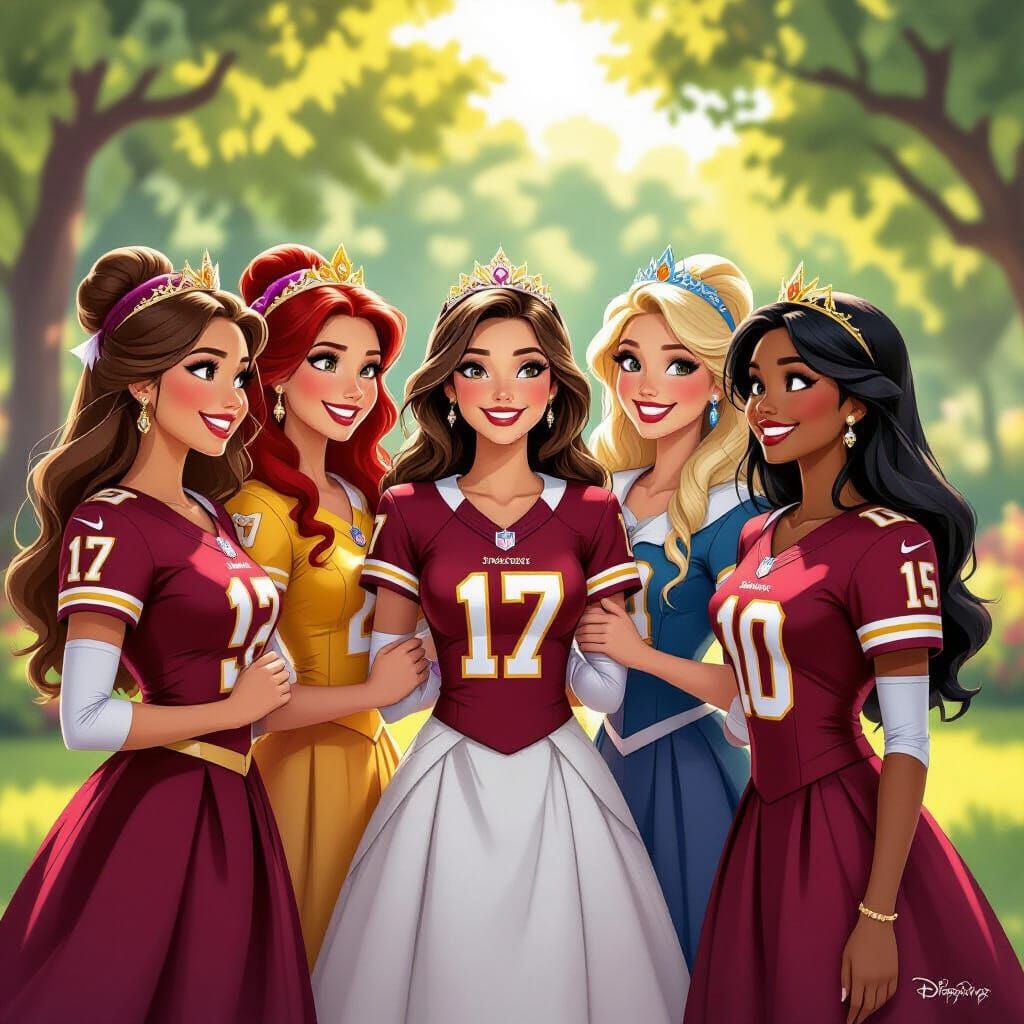 Disney Princesses in Burgundy NFL Jerseys, Digital Painting