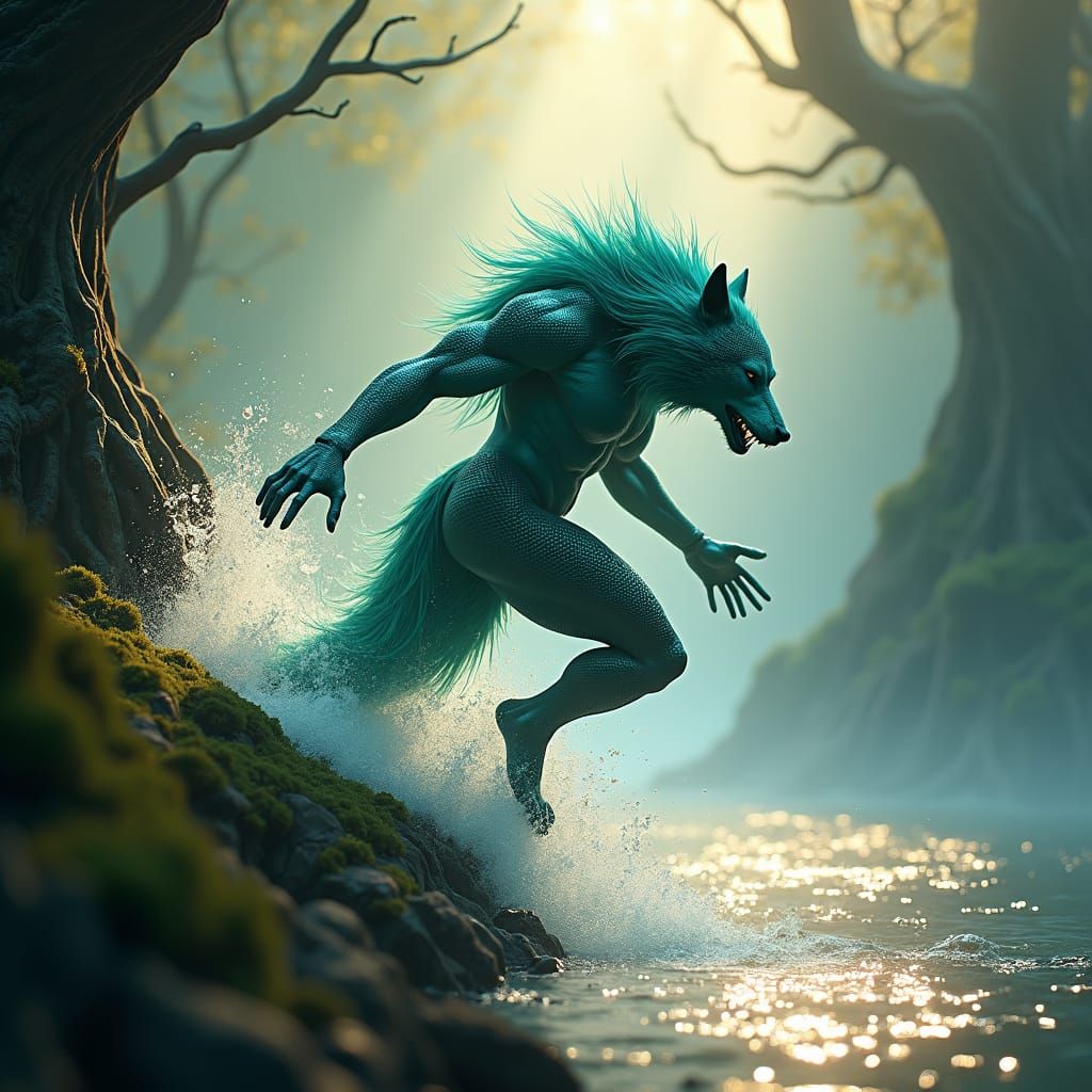 Mermaid Werewolf Hybrid Leaping from Shoreline
