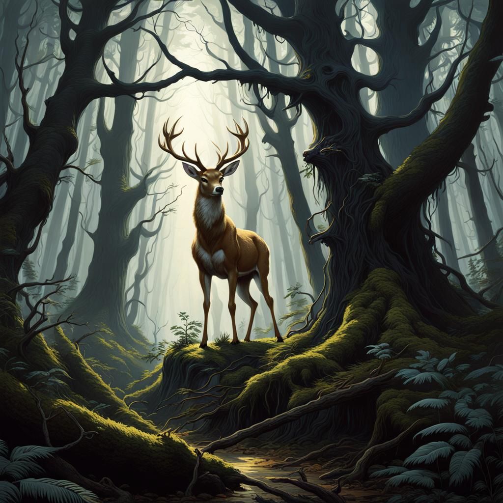 Deer in Dark Forest: Horror Style