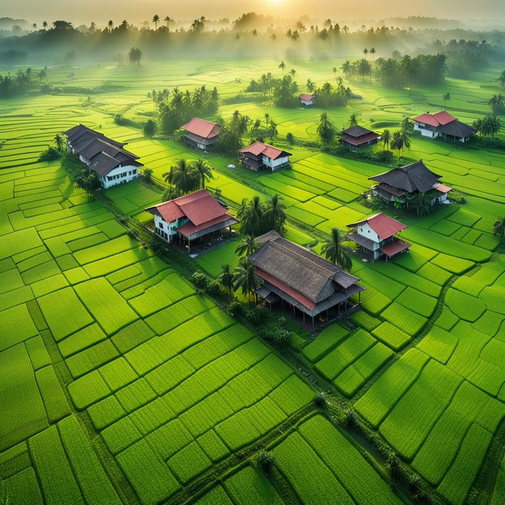 Lush Malaysian Paddy Field Village at Sunset