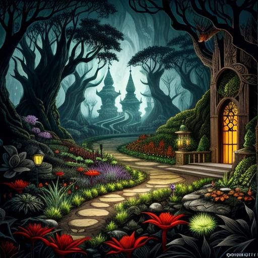 Magical Botanical Garden in Black Ink and Color