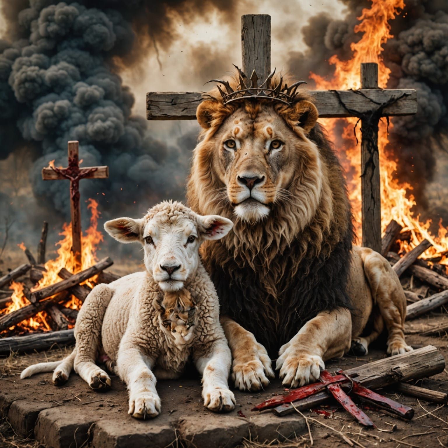 Surreal Lamb and Lion Encounter in a Haunting Landscape