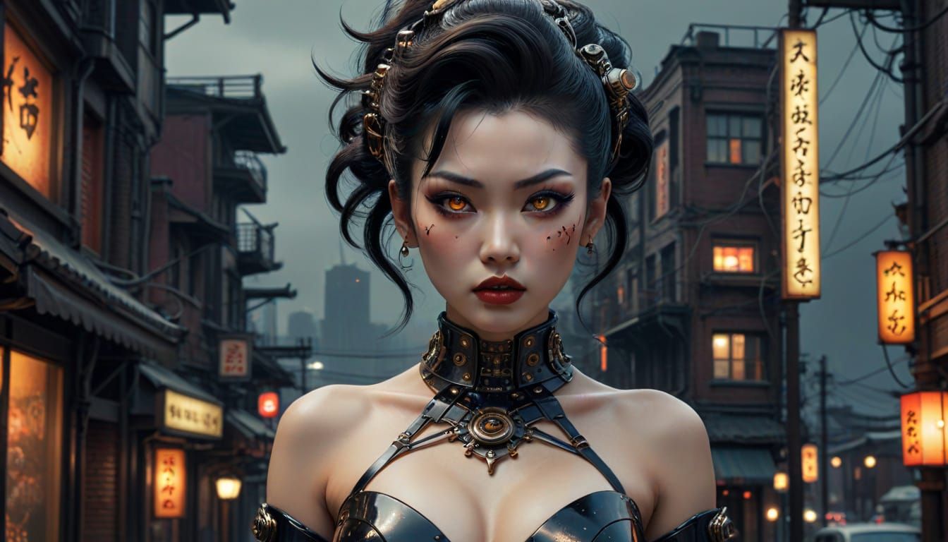 Cyberpunk Gynoid Pinup in Gothic Cityscape