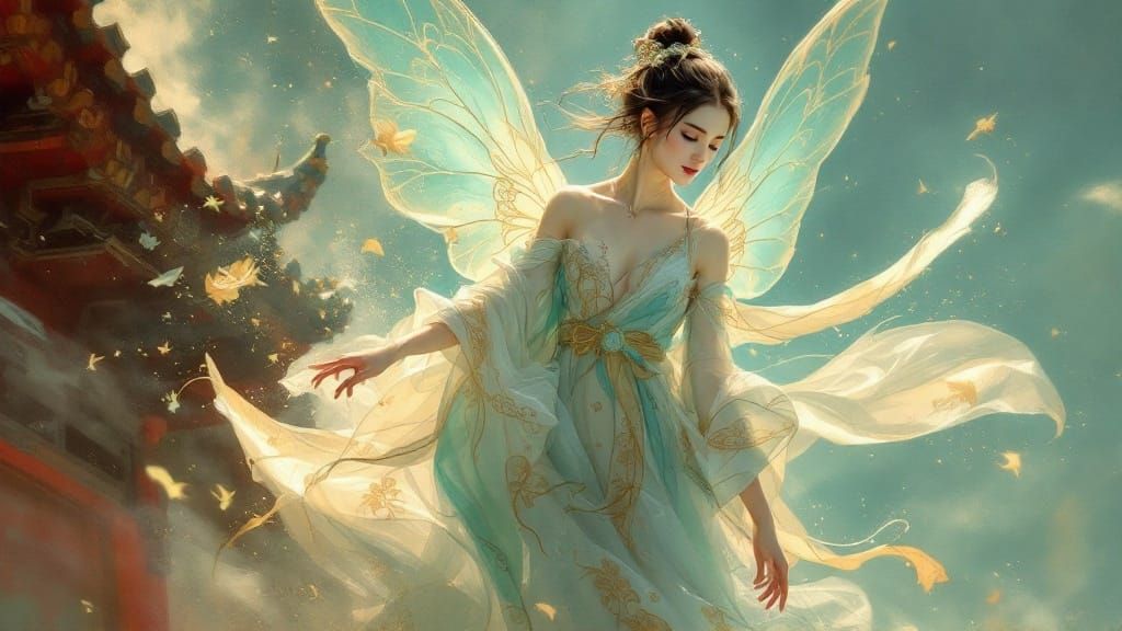 Sacred Fairy in Celestial Hanfu, Golden Wings Shimmer in Sof...