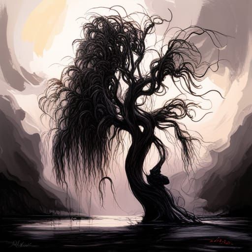 Colorful Willow Tree with Black Ink Flow