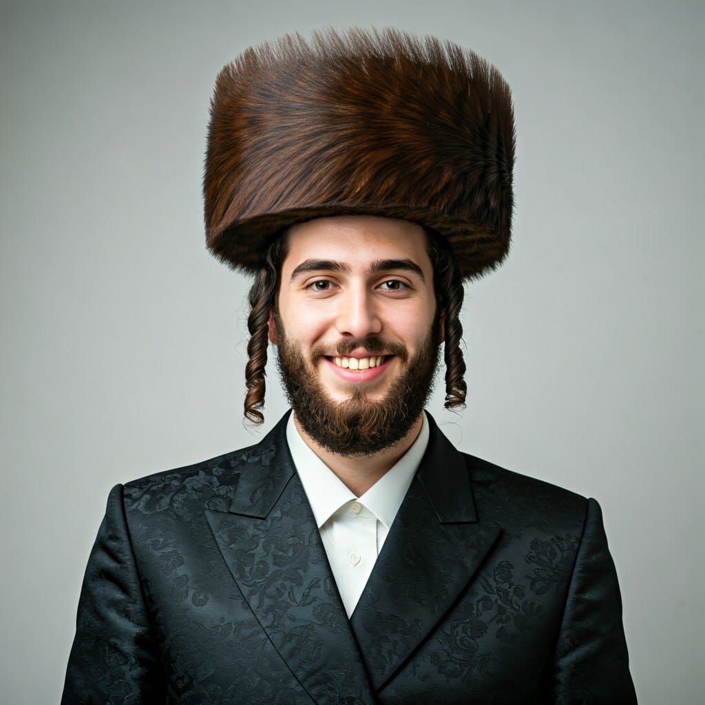Young Hasidic Man Portrait with Streimel and Smile