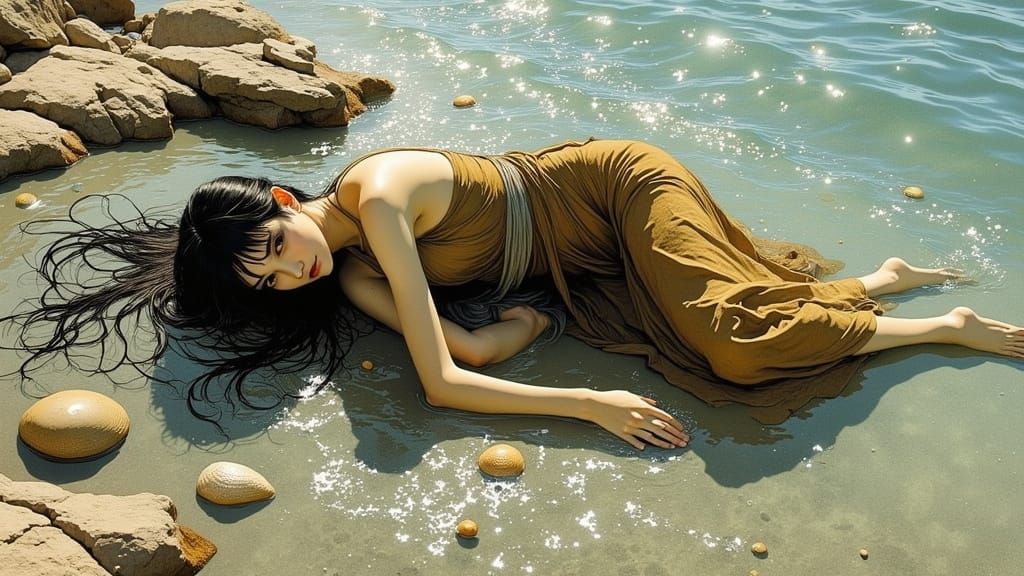 Ethereal Korean Woman in a Tidepool
