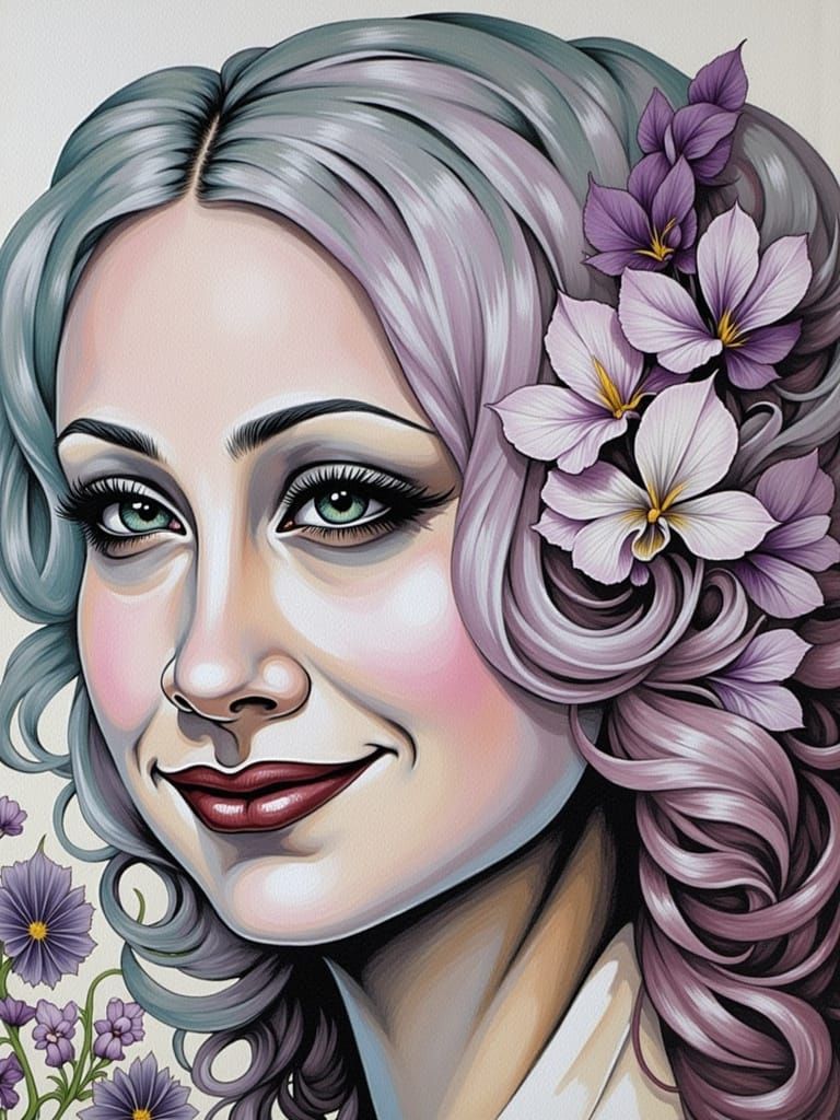 Serene Lady with Violets in Impressionistic Oil Painting