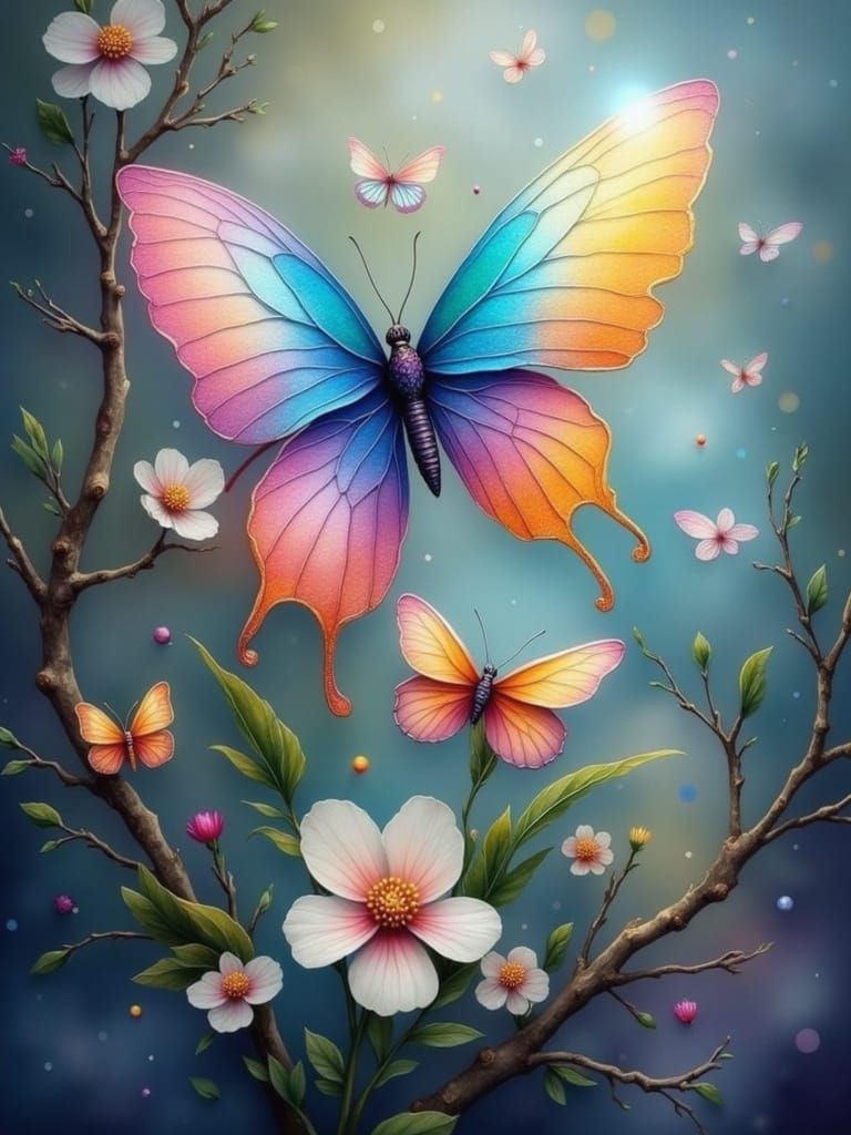 Surreal Digital Painting of an Iridescent Butterfly in a Whi...