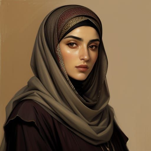 Elegant Portrait of Woman in Hijab as Oil Painting