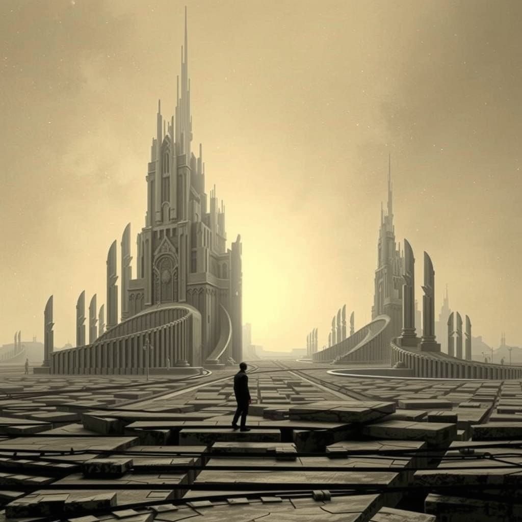 Ancient Futuristic Towers Under Golden Sky