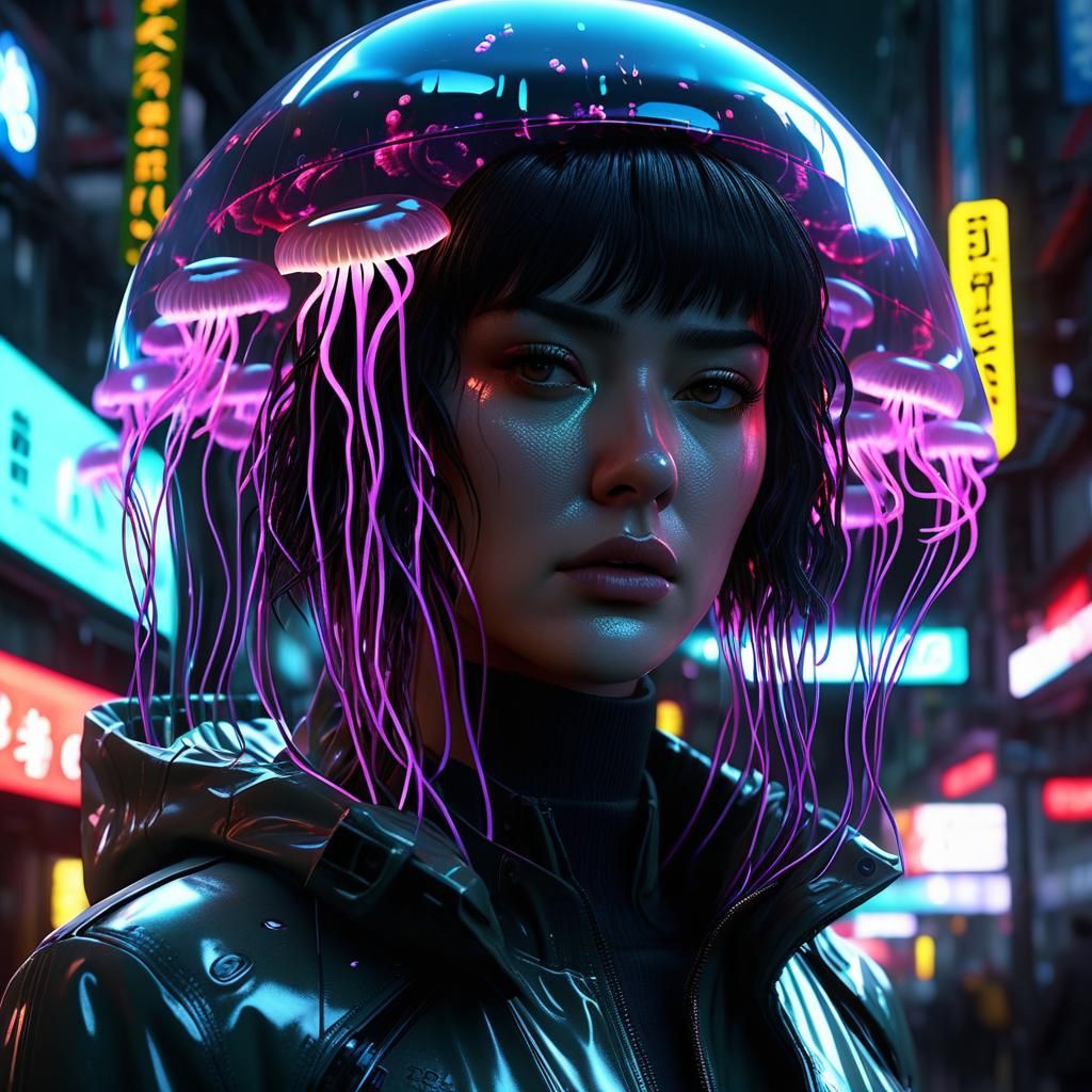 Neon Jellyfish Girl in Cyberpunk City