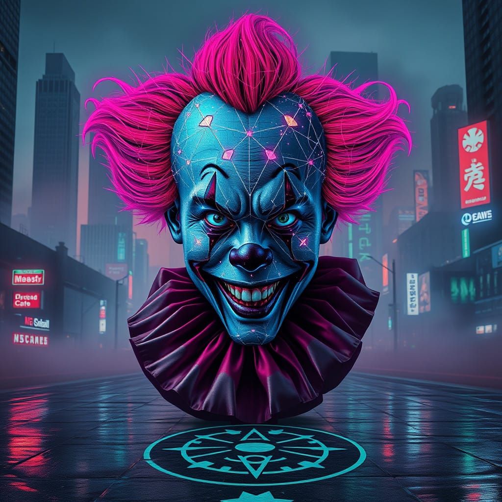 Surreal Holographic Clown in Dystopian Cityscape