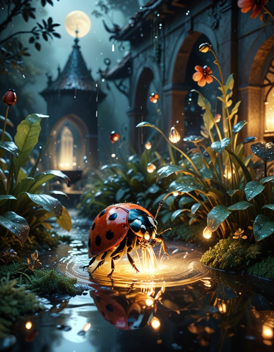 Ladybug Fountain in Moonlit Courtyard: Surreal Fantasy