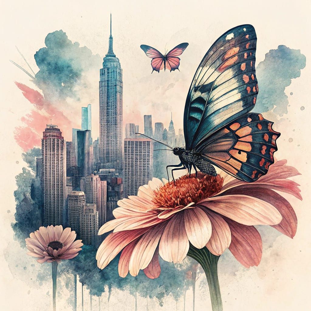 Vivid Manhattan Skyline Butterfly Wings Double Exposure