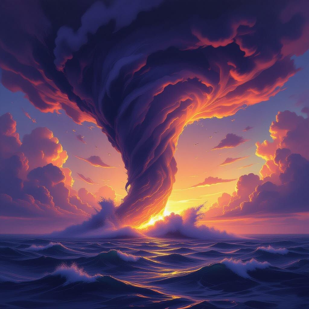 Colossal Tornado Over Turbulent Sea in Dark Fantasy Style
