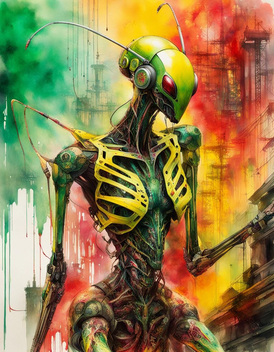 Cybernetic Mantis in Neon Wasteland: Watercolor Art