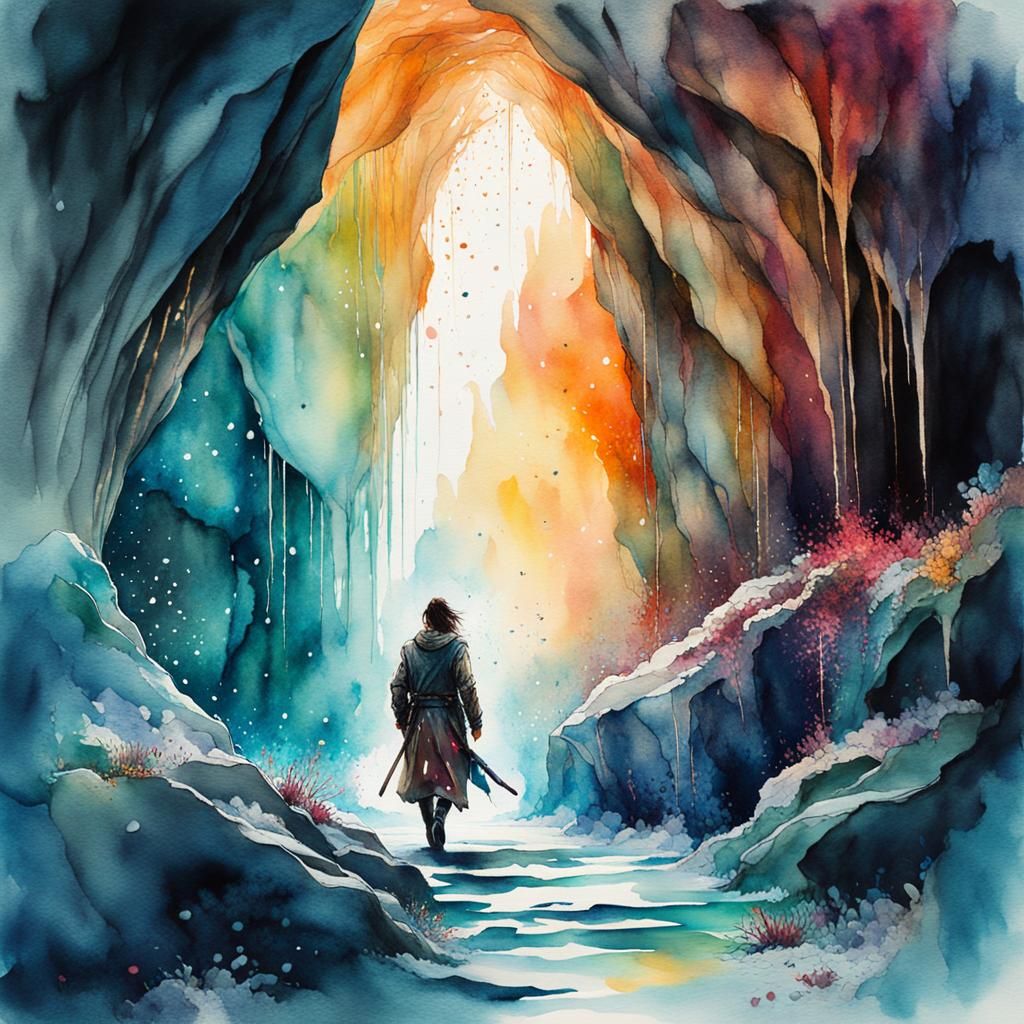 Samurai in Bioluminescent Crystal Cave Watercolor Illustrati...