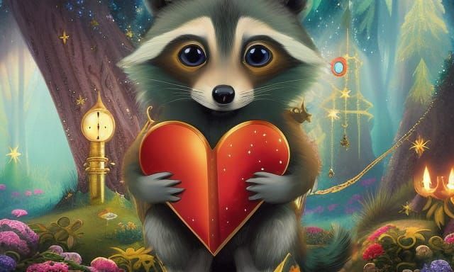 Adorable Raccoon with Golden Heart, Storybook Illustration