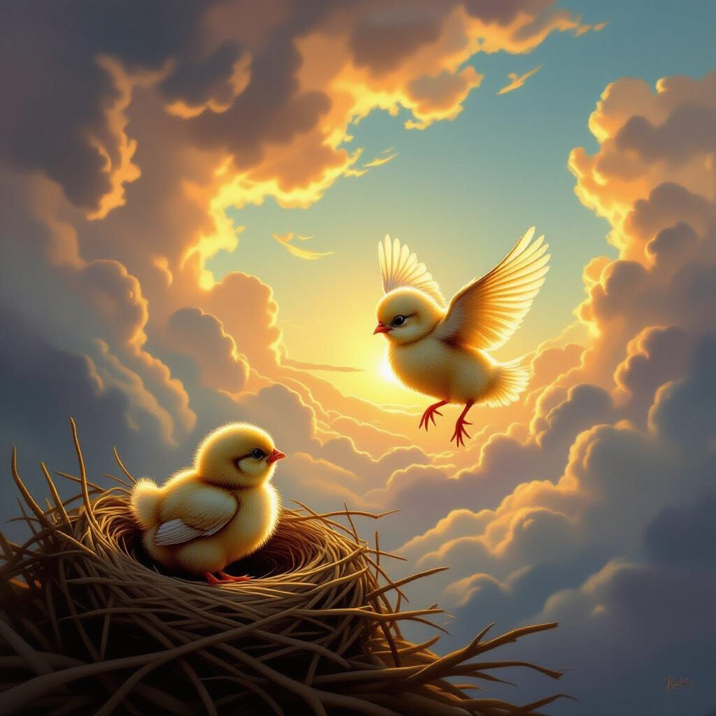 Chick Soars to Freedom in Dramatic Oil Painting