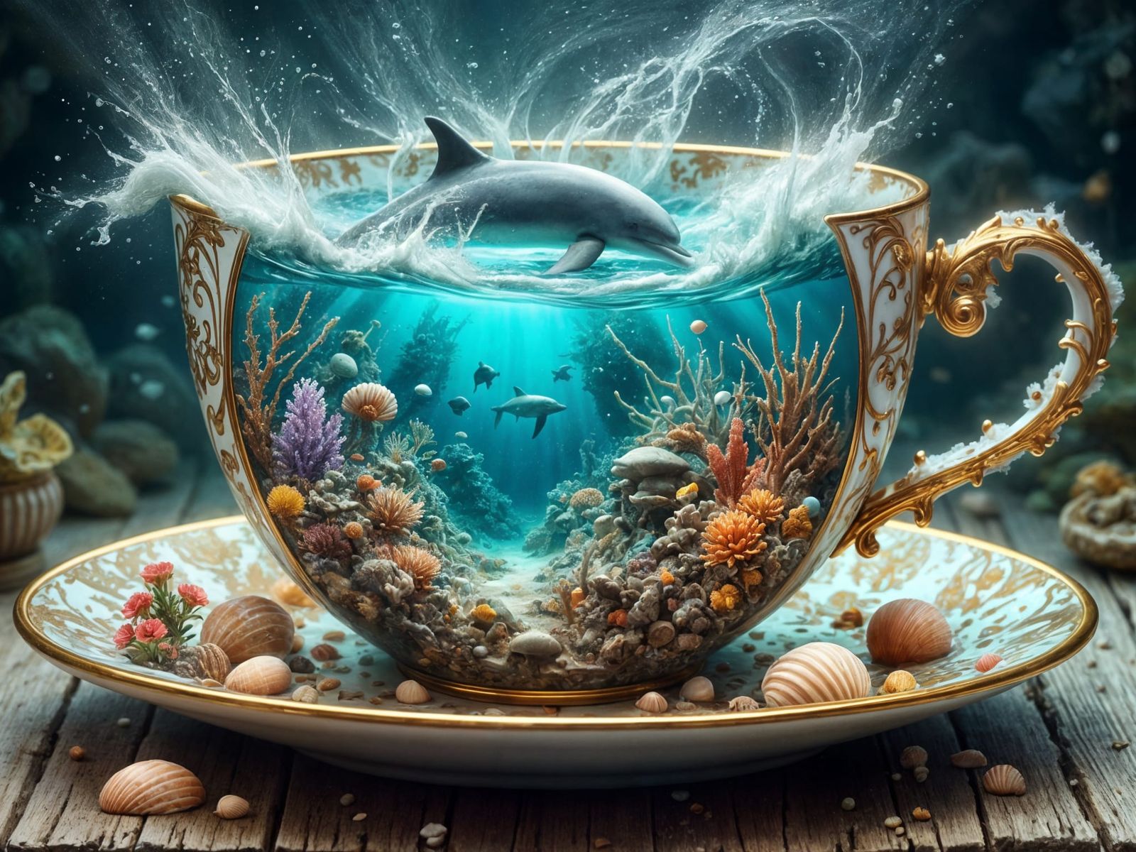 Underwater Kingdom Inside Teacup with Dolphin