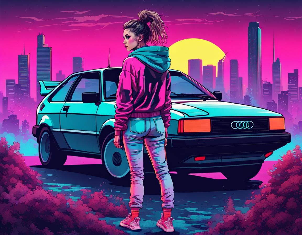 Woman and Audi Quattro in Neon Retro City