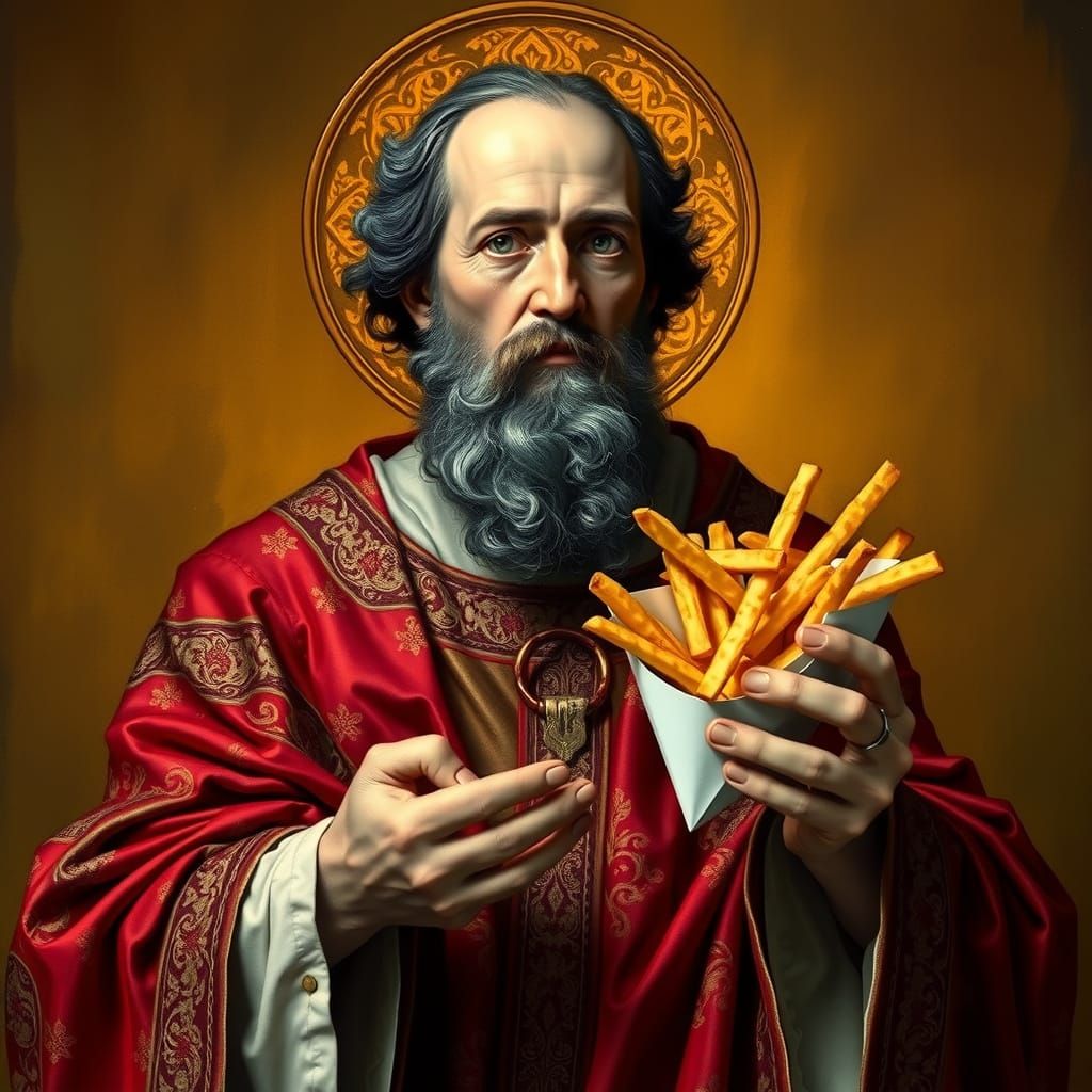 Saintly Figure Holding Fries in Baroque Style